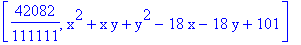 [42082/111111, x^2+x*y+y^2-18*x-18*y+101]